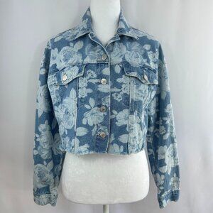 Forever 21 Coquette Floral Denim Blue Cropped Jacket - Medium